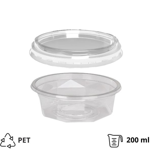 Posodica PET 200 ml d=116 mm h=38 mm prozorna s pokrovom,100 kos (komplet)