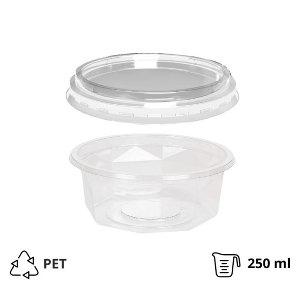 Posodica PET 250 ml d=116 mm h=45 mm prozorna s pokrovom, 100 kos (komplet)