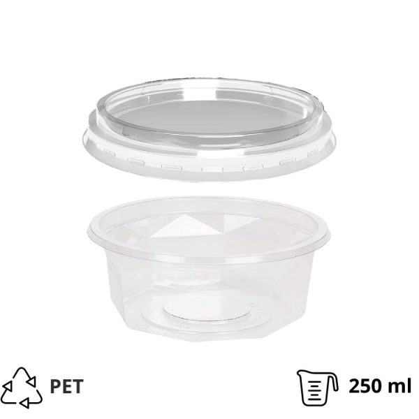 Posodica PET 250 ml d=116 mm h=45 mm prozorna s pokrovom, 100 kos (komplet)