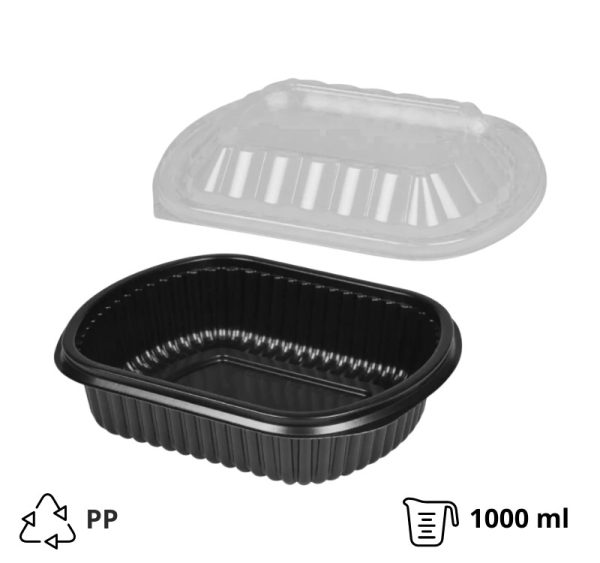 Posodica PP 1000 ml 210x180x50 mm črna s pokrovom, 50 kos (komplet)
