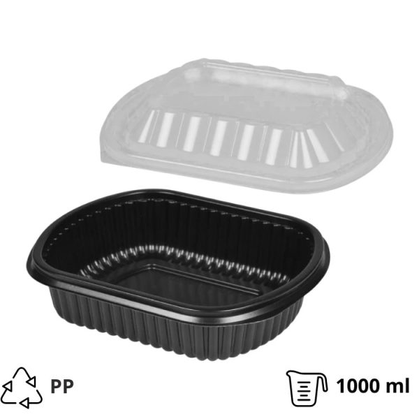 Posodica PP 1000 ml 210x180x50 mm črna s pokrovom, 50 kos (komplet)