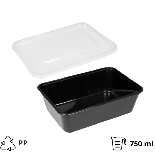 Posodica PP 750 ml 170x115x55 mm črna s pokrovom, 50 kos (komplet)