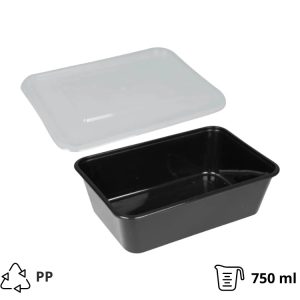 Posodica PP 750 ml 170x115x55 mm črna s pokrovom, 50 kos (komplet)