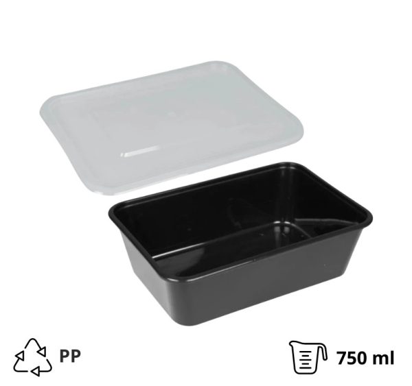 Posodica PP 750 ml 170x115x55 mm črna s pokrovom, 50 kos (komplet)
