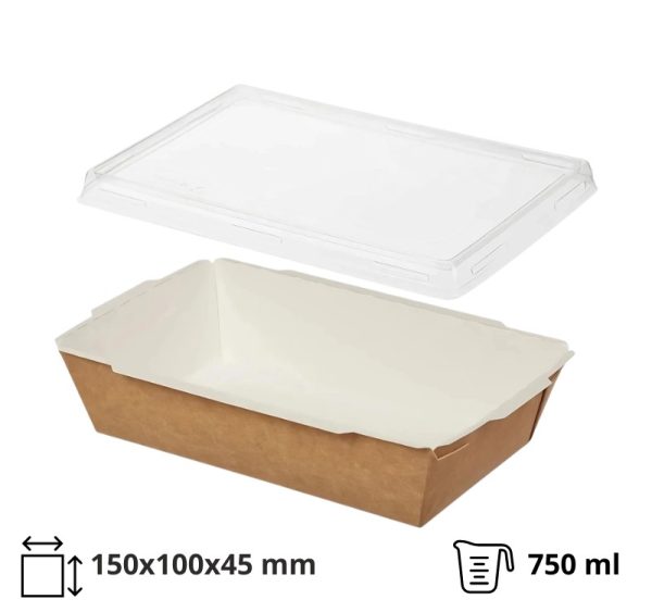 Papirnata posoda 750 ml 150x100x45 mm kraft s pokrovom 50 kos (komplet)