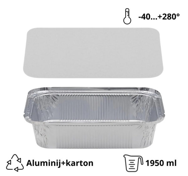 Alu posodica s pokrovom 1950 ml 260x190x56 mm, 100 kos (komplet)
