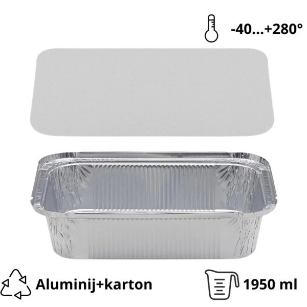Alu posodica s pokrovom 1950 ml 260x190x56 mm, 100 kos (komplet)