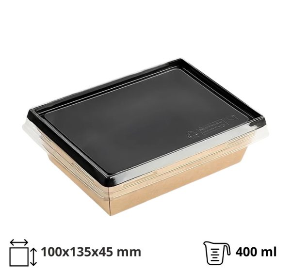 Papirnata posoda, 400 ml, črna, 100*135*45 mm s pokrovom, 50 kos (komplet)