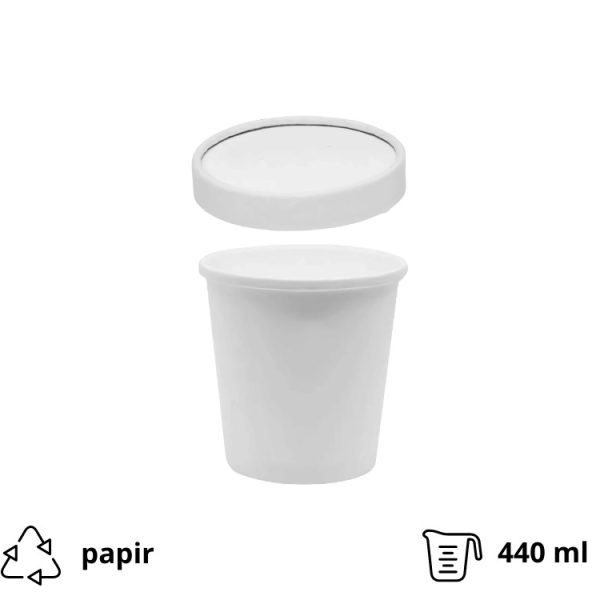 Papirnata posoda BioBox s pokrovom 440 ml d=98 mm, h=99 mm bela (komplet)