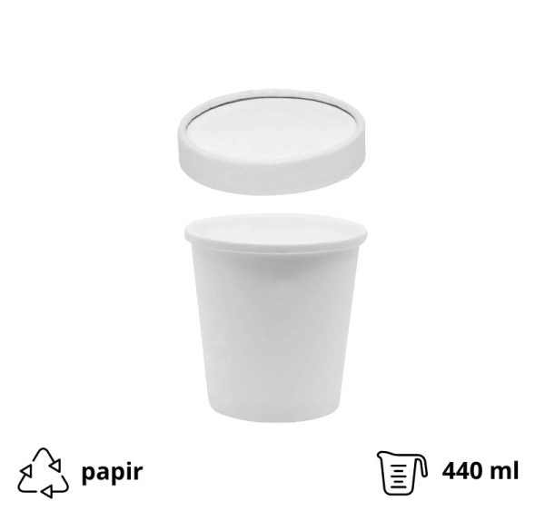 Papirnata posoda BioBox s pokrovom 440 ml d=98 mm, h=99 mm bela, 50 kos (komplet)