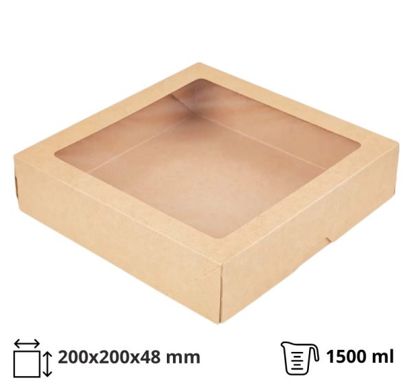 Papirnata posoda z oknom OneBox 1500 ml, 200x200x48mm kraft [25 kos/pak]