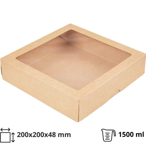 Papirnata posoda z oknom OneBox 1500 ml, 200x200x48mm kraft [25 kos/pak]