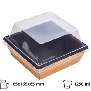 Papirnata posoda 1250 ml  kraft/črna 165×165 mm, h=65 mm, s pokrovom, 50 kos (komplet)