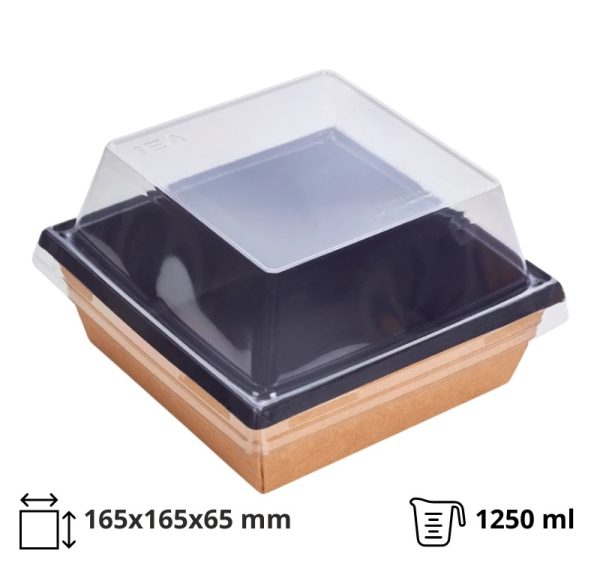 Papirnata posoda 1250 ml kraft/črna 165×165 mm, h=65 mm, s pokrovom, 50 kos (komplet)