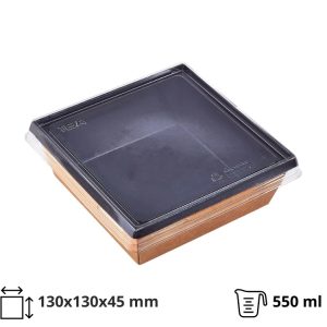 Papirnata posoda 550 ml OneClick kraft/črna 130×130 mm, h=45 mm s pokrovom, 50 kos (komplet)
