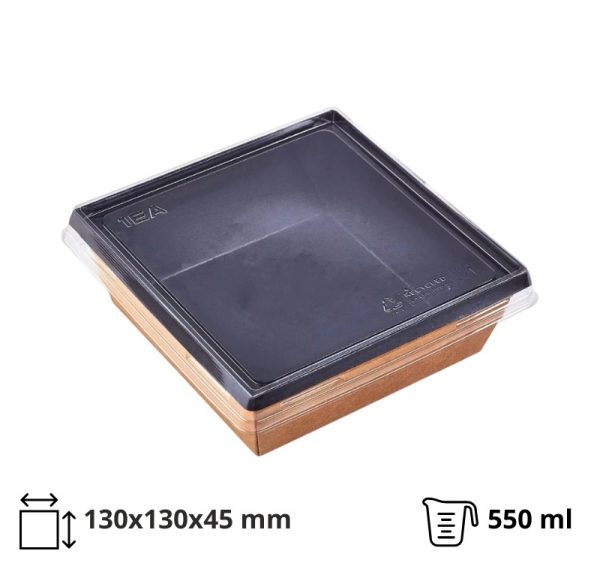 Papirnata posoda 550 ml OneClick kraft/črna 130×130 mm, h=45 mm s pokrovom, 50 kos (komplet)