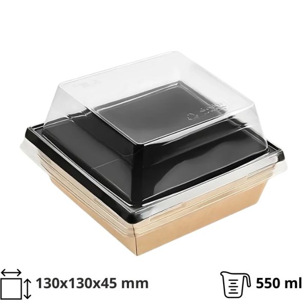Papirnata posoda 550 ml OneClick kraft/črna 130×130 mm, h=45 mm 50 kos (komplet)