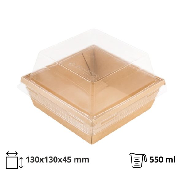 Papirnata posoda 550 ml OneClick kraft 130×130 mm, h=45 mm s pokrovom, 50 kos (komplet)
