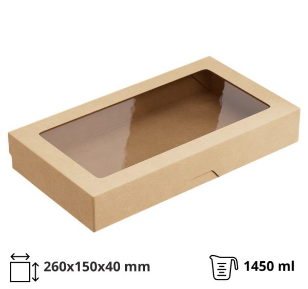 Papirnata posoda z oknom OneBox 1450 ml 260x150x40 mm kraft 25 kos