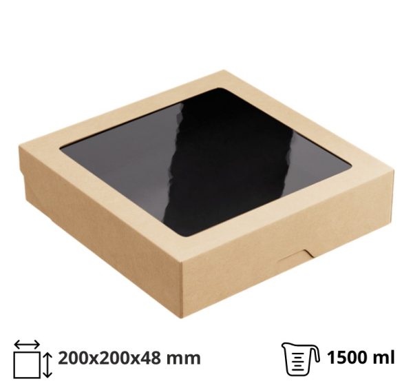 Papirnata posoda z oknom OneBox 1500 ml, 200x200x48 mm kraft/črna 25 kos