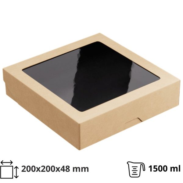 Papirnata posoda z oknom OneBox 1500 ml, 200x200x48 mm kraft/črna 25 kos