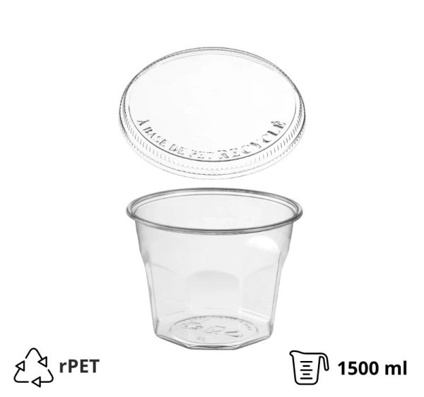 Posodica rPET Vintage 1500ml d=158mm h=120mm prozorna za sladice/sadje/solato s pokrovom 75 kos (komplet)