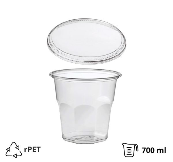 Posodica rPET Vintage 700ml d=119mm h=111mm prozorna za sladice/sadje/solato s pokrovom 50 kos (komplet)