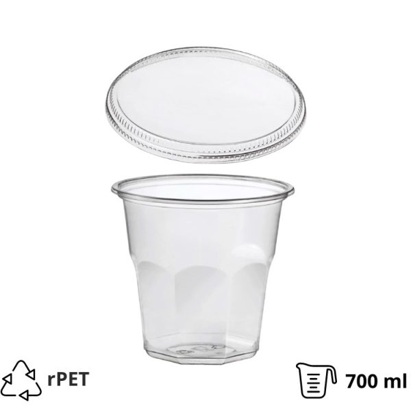 Posodica rPET Vintage 700ml d=119mm h=111mm prozorna za sladice/sadje/solato s pokrovom 50 kos (komplet)