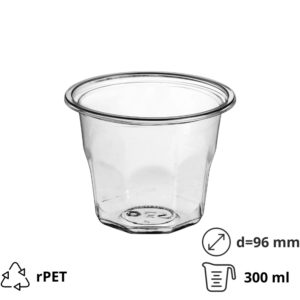 Posodica rPET Vintage 300ml d=96mm h=75mm prozorna za sladice/sadje/solato s pokrovom 50 kos (komplet)