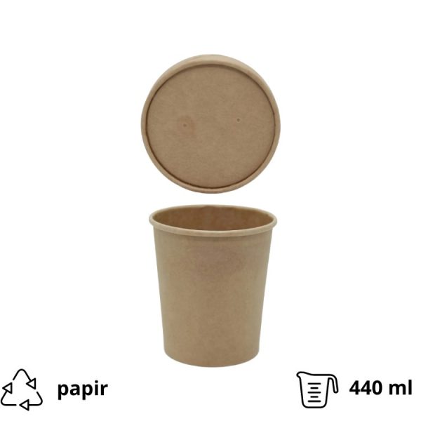 Papirnata posoda s pokrovom 440 ml d=97 mm h=100 mm kraft, 25 kos (komplet)