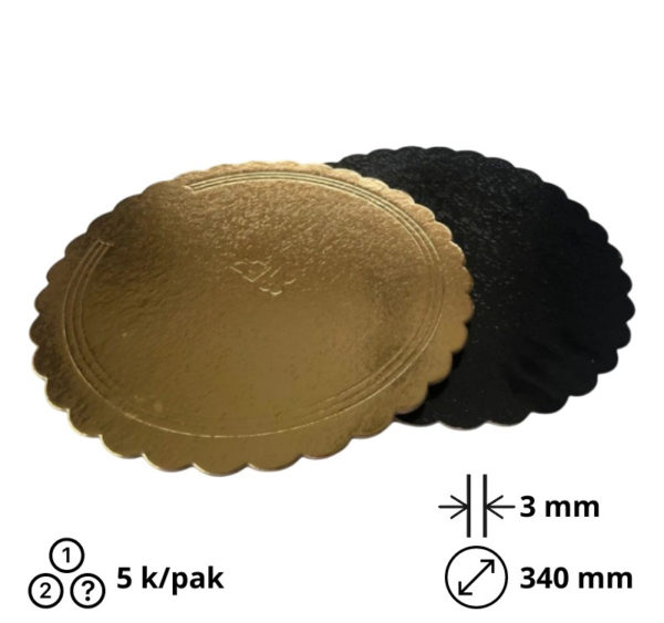 Podstavek okrogli za torto kartonasti d=340 mm črni/zlato 3 mm [5 kos/pak]