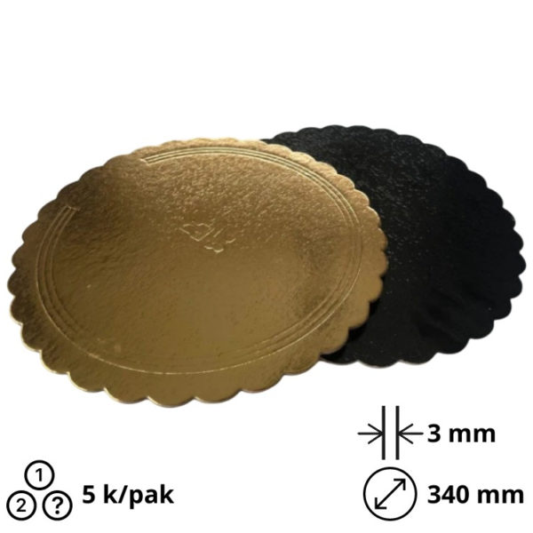 Podstavek okrogli za torto kartonasti d=340 mm črni/zlato 3 mm [5 kos/pak]