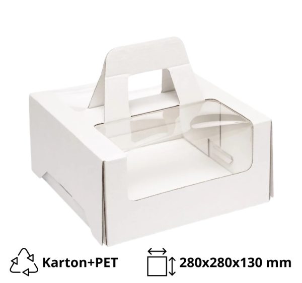 Škatla za torte z ročajem i oknom 280х280х130 mm bela [10 kos/pak]
