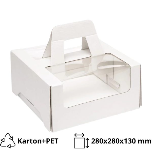 Škatla za torte z ročajem i oknom 280х280х130 mm bela [10 kos/pak]