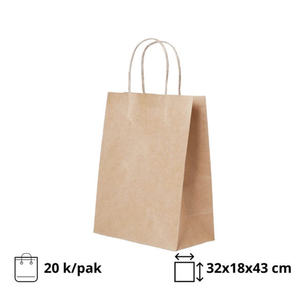 Papirnata nosilna vrečka s pletenim ročajem 320x180x430 mm kraft [20 kos/pak]
