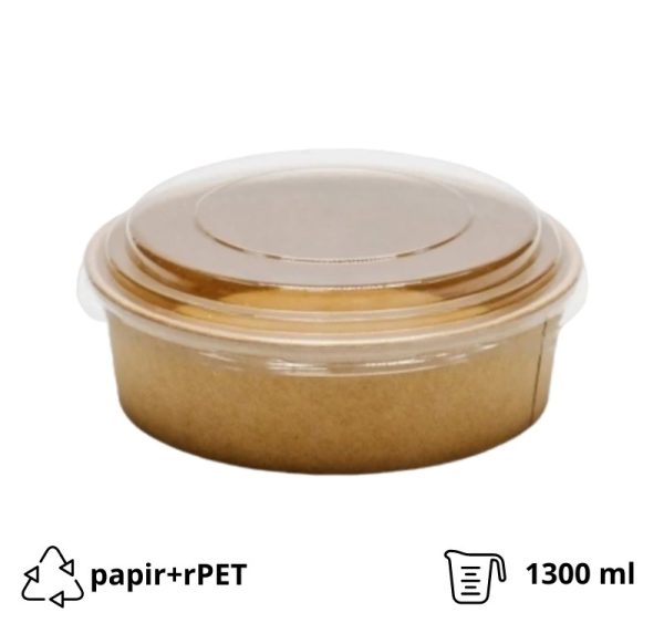 Papirnata posoda s pokrovom 1300 ml d=187 mm h=69 mm kraft, 50 kos (komplet)
