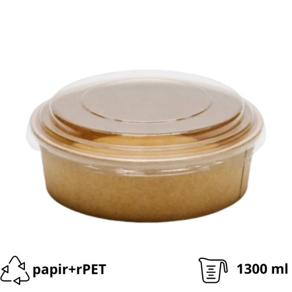 Papirnata posoda s pokrovom 1300 ml d=187 mm h=69 mm kraft, 50 kos (komplet)