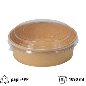 Papirnata posoda s pokrovom 1090 ml d=165 mm h=60 mm kraft 50 kos (komplet)