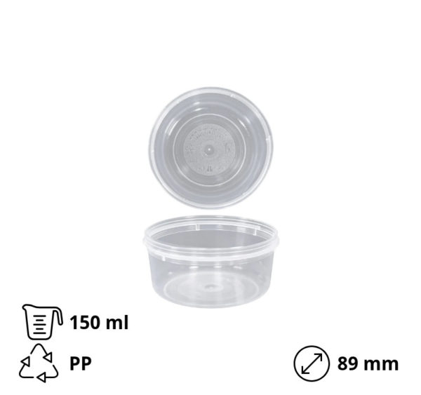 Posodica PP 150 ml d=89 mm prozorna, s pokrovom 50 kos (komplet)