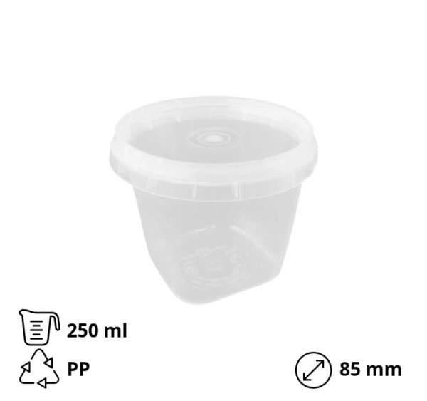 Posodica PP 250 ml d=85 mm prozorna, s pokrovom 30 kos (komplet)