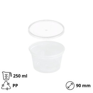 Posodica PP 250 ml d=90 mm prozorna, s pokrovom 50 kos (komplet)