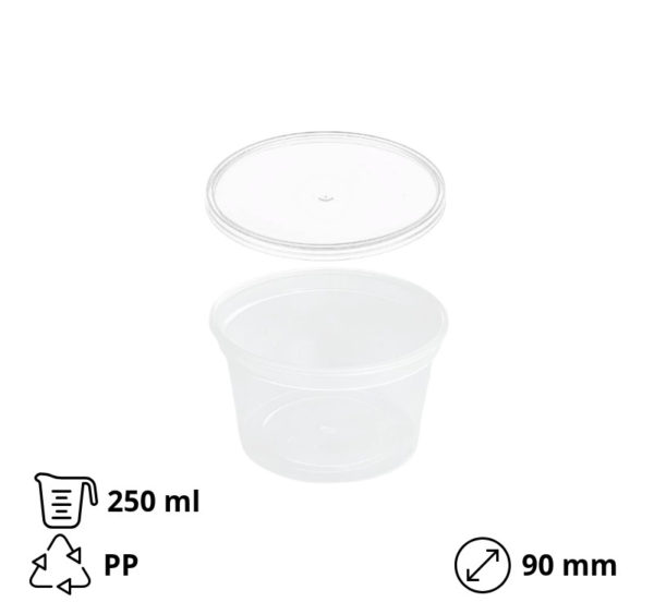 Posodica PP 250 ml d=90 mm prozorna, s pokrovom 50 kos (komplet)
