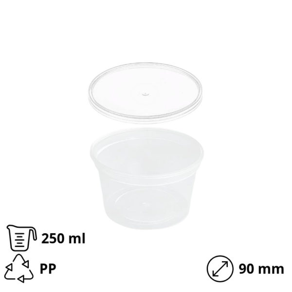 Posodica PP 250 ml d=90 mm prozorna, s pokrovom 50 kos (komplet)