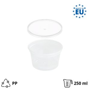 Posodica PP 250 ml d=90 mm prozorna, s pokrovom 50 kos (komplet)