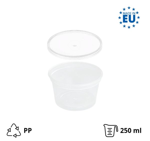 Posodica PP 250 ml d=90 mm prozorna, s pokrovom 50 kos (komplet)