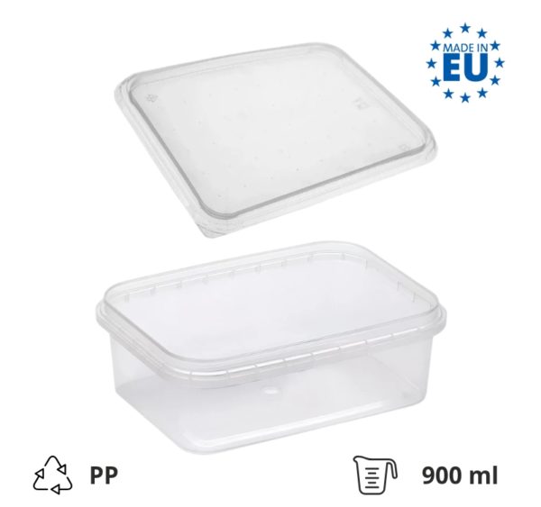 Posodica PP 900 ml 195×127 mm prozorna, s pokrovom 204 kos (komplet)