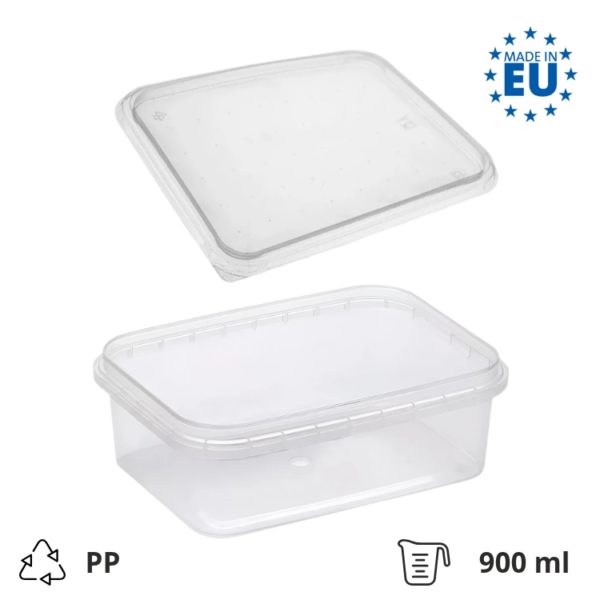 Posodica PP 900 ml 195×127 mm prozorna, s pokrovom 204 kos (komplet)