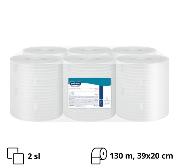Papirnate brisače 2 sl 130m h=39cm bele centralno izvlačenje s perforacijo (list 39x20cm) Cellulose Paloma 6 rol