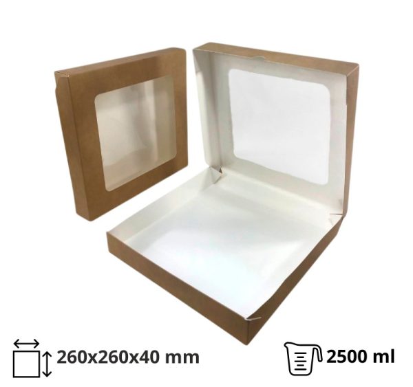 Papirnata posoda z oknom ECO TABOX 2500 ml 260x260x40 mm kraft 50 kos