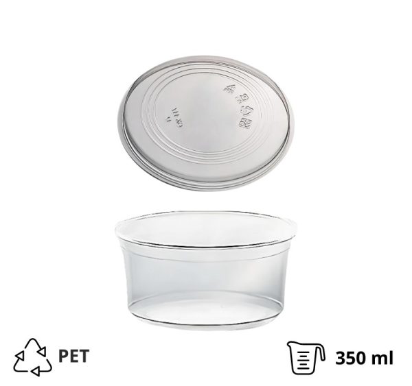 Posodica PET 350ml DELI d=117mm, h=55mm prozorna, s pokrovom, 50 kos (komplet)